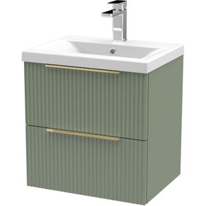 BALTERLEY Fluted Front Wall Hung 2-Drawer Bathroom Vanity Unit and Mid-Edge Basin, 500mm, Satin Green, Brushed Brass Handles