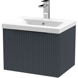 BALTERLEY Contemporary Fluted Front Wall Hung Single Drawer Bathroom Vanity Unit with 1 Tap Hole Basin, 500mm, Dark Grey, Black Handles
