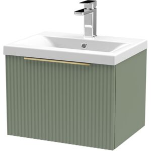 BALTERLEY Fluted Front Wall Hung Single Drawer Bathroom Vanity Unit with 1 Tap Hole Ceramic Basin, 500mm, Satin Green, Brushed Brass Handles