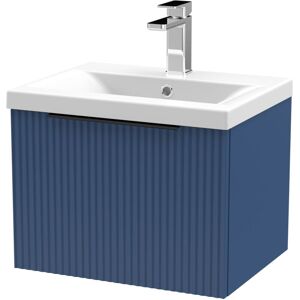 BALTERLEY Fluted Front Wall Hung Single Drawer Bathroom Vanity Unit with 1 Tap Hole Ceramic Basin, 500mm, Satin Blue, Black Handles