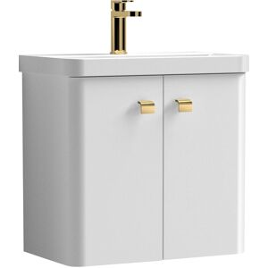 BALTERLEY Curve Wall Hung 2 Door Vanity Basin Unit - 600mm - Gloss White with Brushed Brass Drop Handles (Tap Not Included)