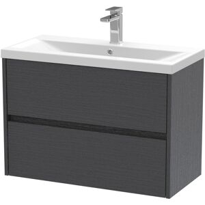 BALTERLEY Square Wall Hung 2 Drawer Vanity Unit & Ceramic Basin, 800mm - Woodgrain Graphite Grey