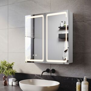 Elegant - Bathrrom Wall Cabinet Illuminated led Mirror with Shaver Socket, 3 Lights Changing Modes, Wireless Hinge Design, Double-Door 590x600mm