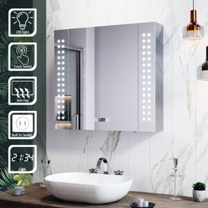 Elegant - led Illuminated Bathroom Mirror Cabinet Smart with Shaver Scocket Demester Pad Clock Dispaly Glass Shelves 2 Door Storage 650 x 600 x 130 mm