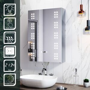 Elegant - led Illuminated Bathroom Mirror Cabinet Smart with Shaver Scocket Demester Pad Clock Dispaly Adjustable Glass Shelves 500 x 700 x 130 mm