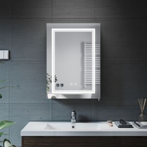 Elegant - led Illuminated Bathroom Mirror Cabinet with Shaver Socket Demister and Sensor Adjustable Glass Shelves 500 x 700MM Stainless Steel Cupboard