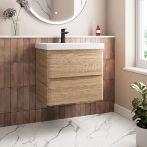 AQUARI Wood Effect Bathroom Furniture Vanity Unit with Basin Sink Cabinet Storage 600mm Wall Hung