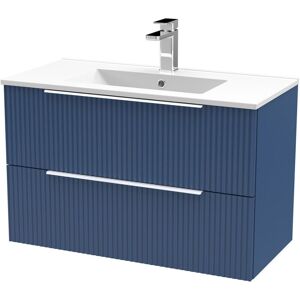 Hudson Reed - Fluted Satin Blue 800mm Wall Hung 2 Drawer Vanity Unit and Minimalist Ceramic Basin - DFF395B