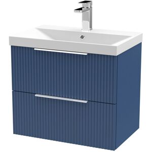 Hudson Reed - Fluted Satin Blue 600mm Wall Hung 2 Drawer Vanity Unit and Thin Edge Ceramic Basin - DFF393D