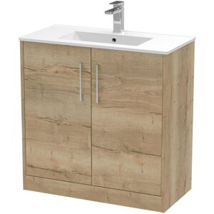 Juno Autumn Oak Woodgrain 800mm Floor Standing 2 Door Vanity Unit and Minimalist Ceramic Basin - JNU1805B - Hudson Reed