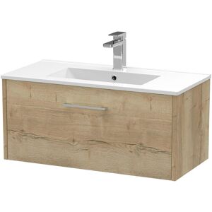 Juno Autumn Oak Woodgrain 800mm Wall Hung Single Drawer Vanity Unit and Minimalist Ceramic Basin - JNU1825B - Hudson Reed