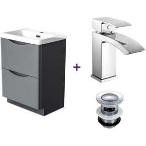 Nes Home - Merton Steel Grey Vanity Unit with Basin and Waterfall Mono Mixer Tap and Waste Set