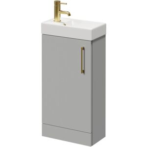 Napoli - Compact Gloss Grey Pearl 400mm Floor Standing Vanity Unit with 1 Tap Hole Basin and Single Door with Brushed Brass Handle