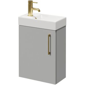 Compact Gloss Grey Pearl 400mm Wall Mounted Vanity Unit with 1 Tap Hole Basin and Single Door with Brushed Brass Handle - Napoli