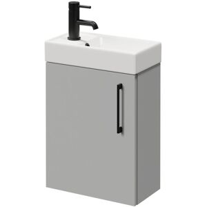Compact Gloss Grey Pearl 400mm Wall Mounted Vanity Unit with 1 Tap Hole Basin and Single Door with Matt Black Handle - Napoli