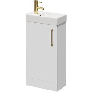 Compact Gloss White 400mm Floor Standing Vanity Unit with 1 Tap Hole Basin and Single Door with Brushed Brass Handle - Napoli