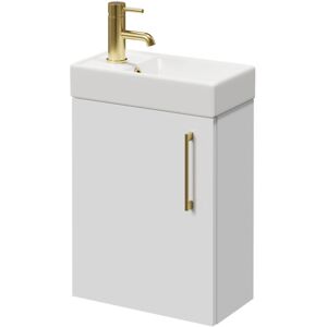 Compact Gloss White 400mm Wall Mounted Vanity Unit with 1 Tap Hole Basin and Single Door with Brushed Brass Handle - Napoli