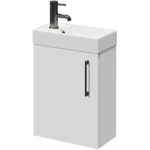 Napoli - Compact Gloss White 400mm Wall Mounted Vanity Unit with 1 Tap Hole Basin and Single Door with Gunmetal Grey Handle