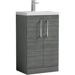 Nuie - Arno Compact Floor Standing 2-Door Vanity Unit with Ceramic Basin 500mm Wide - Anthracite Woodgrain