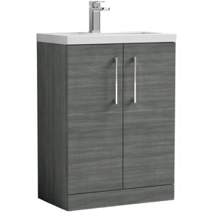 Nuie - Arno Compact Floor Standing 2-Door Vanity Unit with Polymarble Basin 600mm Wide - Anthracite Woodgrain