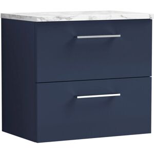 Nuie - Arno Wall Hung 2-Drawer Vanity Unit with Carrera Marble Worktop 600mm Wide - Midnight Blue