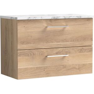 Nuie - Arno Wall Hung 2-Drawer Vanity Unit with Carrera Marble Worktop 800mm Wide - Bleached Oak