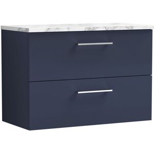 Nuie - Arno Wall Hung 2-Drawer Vanity Unit with Carrera Marble Worktop 800mm Wide - Midnight Blue