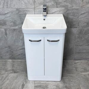 HYDROS 500mm Curved Vanity Unit Sink Ceramic Basin Bathroom Storage White Gloss Pacific, With Tap & Waste