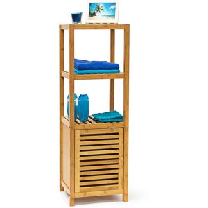 Relaxdays - Bamboo Bathroom Shelf with 4 Shelves, 110 x 36.5 x 33 cm, Rack with Wooden Door Free-Standing Shelf Wood 4-Tier Stand, Natural Colour