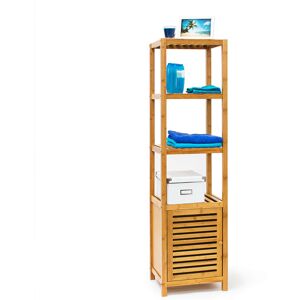 Bamboo Bathroom Shelf with 5 Shelves, 140 x 36.5 x 33 cm, Rack with Wooden Door Free-Standing Shelf Wood 5-Tier Stand, Natural Colour - Relaxdays