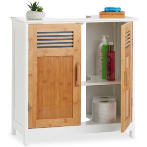 Relaxdays - Basin Vanity Unit, Bamboo Doors, Height-Adjustable Shelf, Siphon Cut-Out, hwd: 60x60x30cm, Natural/White