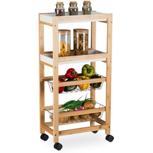 Relaxdays Niche Trolley, 4 Shelves, Narrow Kitchen & Bathroom Cart, HWD: 83 x 22 x 40 cm, Bamboo, Rolling, Natural/White