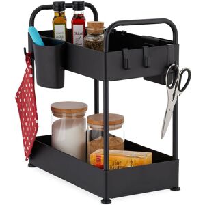 Relaxdays - Under Sink Shelf, Tiered, Extendable, Hooks & Cups, Organiser for Kitchen & Bathroom, 42.5 x 22 x 40 cm, Black