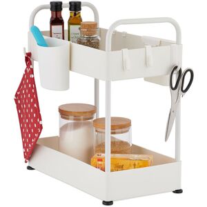 Relaxdays - Under Sink Shelf, Tiered, Extendable, Hooks & Cups, Organiser for Kitchen & Bathroom, 42.5 x 22 x 40 cm, White