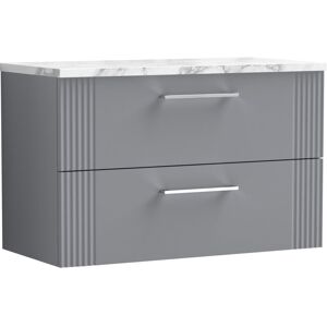 BALTERLEY Partial Fluted 2 Drawer Wall Hung Vanity Unit with Carrera Marble Laminate Worktop - 800mm - Satin Grey