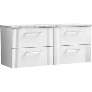 Balterley - Retro 4 Drawer Wall Hung Vanity Unit with Carrera Marble Laminate Worktop - 1200mm - Satin White
