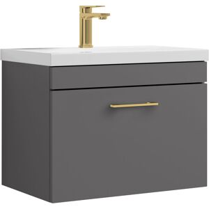 BALTERLEY Rio 1 Drawer Wall Hung Vanity Basin Unit - 600mm - Gloss Grey with Brushed Brass d Handle (Tap Not Included)