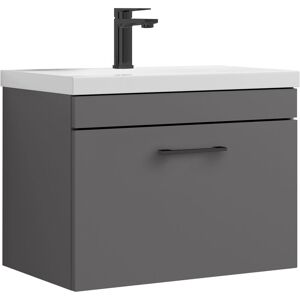Rio 1 Drawer Wall Hung Vanity Basin Unit - 600mm - Gloss Grey with Square Black d Handle (Tap Not Included) Balterley