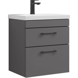 Balterley - Rio 2 Drawer Wall Hung Vanity Basin Unit - 500mm - Gloss Grey with Square Black d Handles (Tap Not Included)