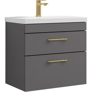 BALTERLEY Rio 2 Drawer Wall Hung Vanity Basin Unit - 600mm - Gloss Grey with Brushed Brass d Handles (Tap Not Included)