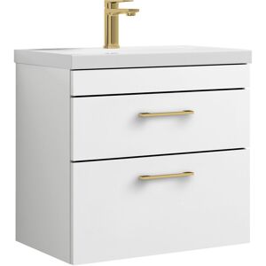 BALTERLEY Rio 2 Drawer Wall Hung Vanity Basin Unit - 600mm - Gloss White with Brushed Brass D-shaped handles (Tap Not Included)