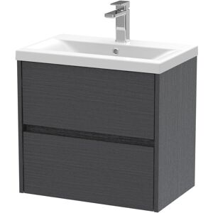 BALTERLEY Square Wall Hung 2 Drawer Vanity Unit & Ceramic Basin, 600mm - Woodgrain Graphite Grey