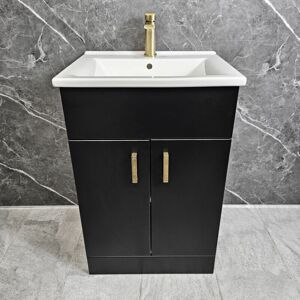 HYDROS 550mm Black Vanity Unit with Brushed Brass Handles Square Style 2 Doors Tess, Without Tap
