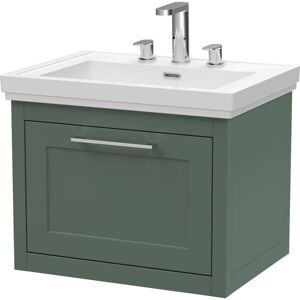 BALTERLEY Traditional Bathroom Wall Hung 1 Drawer Vanity Unit and 3 Tap Hole Fireclay Basin, 600mm, Matt Green