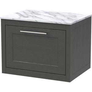 BALTERLEY Traditional Bathroom Wall Hung 1 Drawer Vanity Unit and Carrera Marble Worktop, 600mm, Woodgrain Dark Grey
