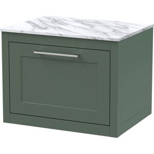 BALTERLEY Traditional Bathroom Wall Hung 1 Drawer Vanity Unit and Carrera Marble Worktop, 600mm, Matt Green