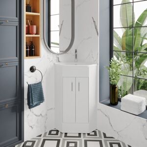 VASARI Nuie Mayford Floor Standing Corner 2-Door Vanity Unit with Basin 590mm Wide - Gloss White