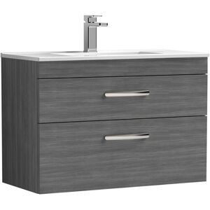 Premier Nuie Athena Anthracite Woodgrain 800mm Wall Hung 2 Drawer Vanity Unit and Minimalist Ceramic Basin - ATH067B