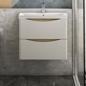 Aica Sanitaire - Floating Bathroom Wall Basin Cabinet Sink Unit - 600mm Matt White+Oak Flat Pack