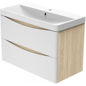 SKY - Wall Mounted Bathroom Vanity Unit with Basin White 2 Soft Close Drawers Bathroom Suite with Vanity Unit - 800mm Matt White+Oak (Type a)